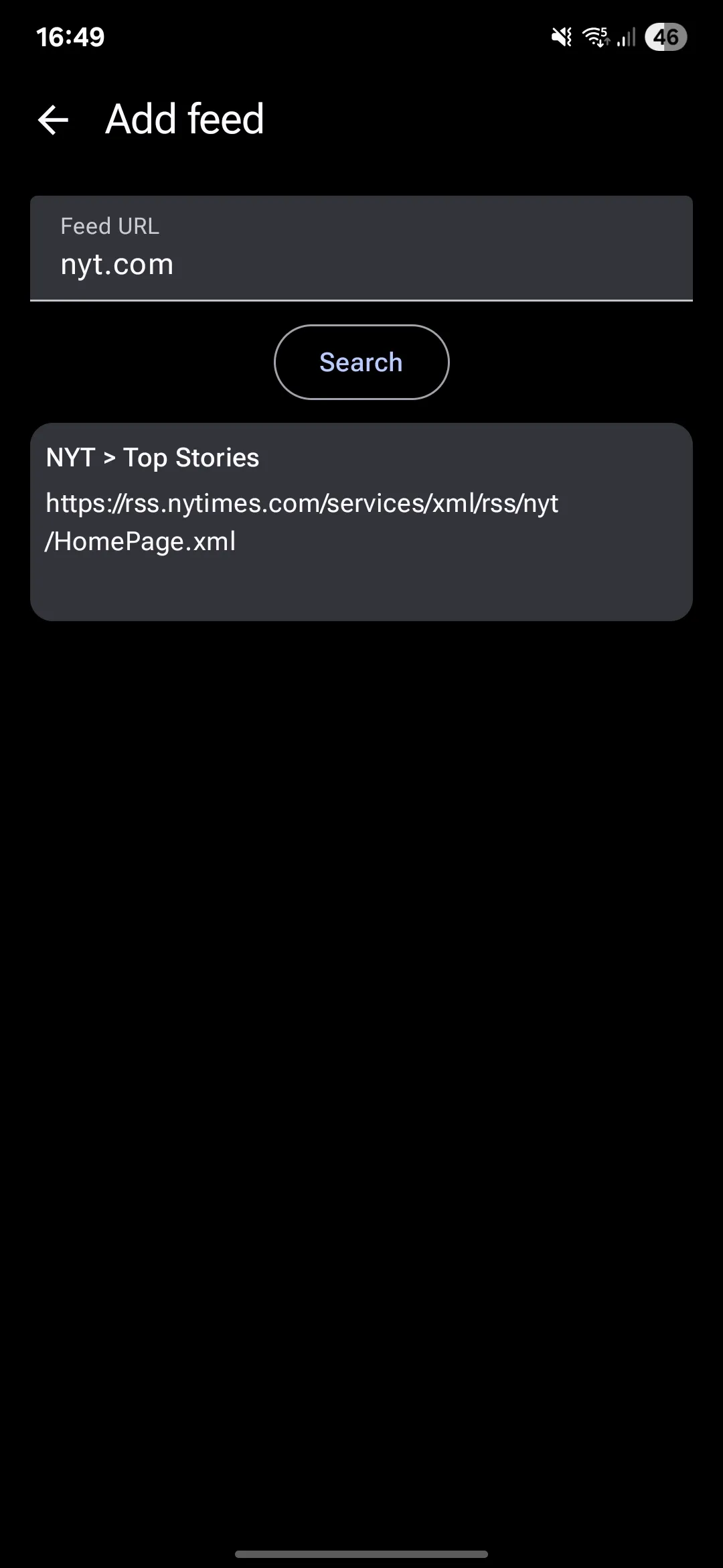 Screenshot of RSS search based on URL.